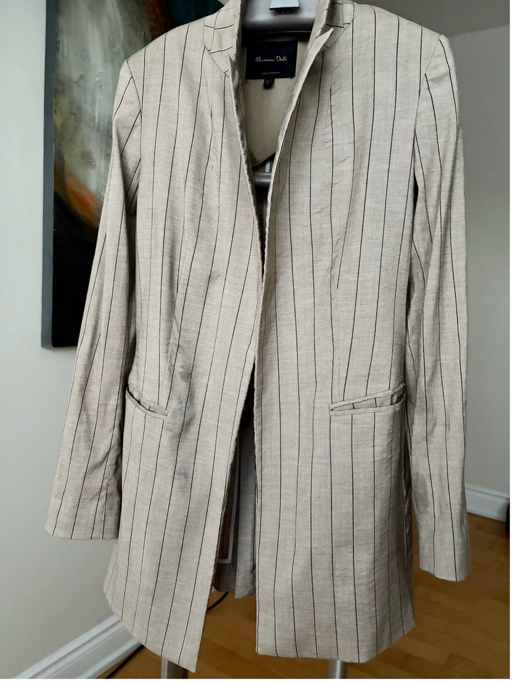 Massimo Dutti Wool lightweight Women's Beige Pinstripe Long Blazer Sz 2